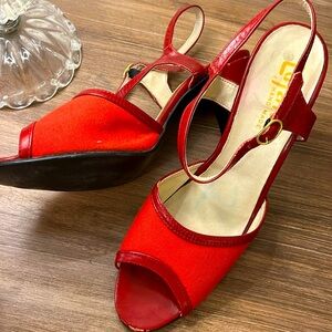 Vintage Lujano Red Fabric Heels Handmade Italy